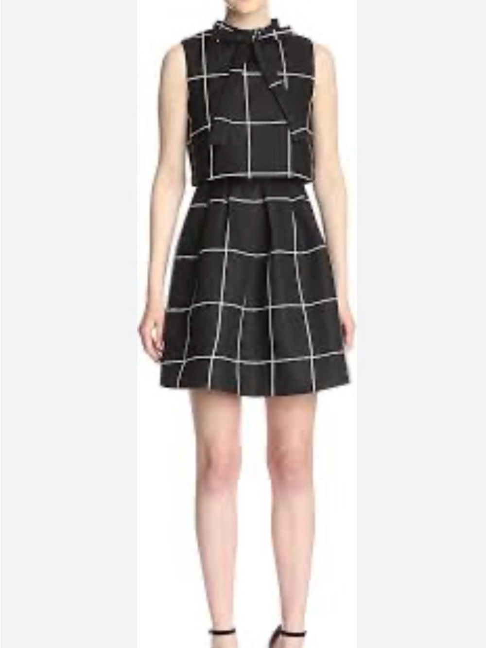 Windowpane Tie-Neck Mini Dress in Black